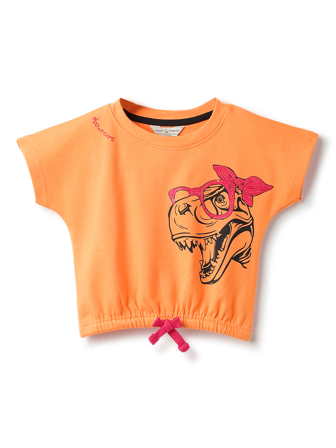 Girls Orange Printed Lycra Oversized Casual T-Shirt
