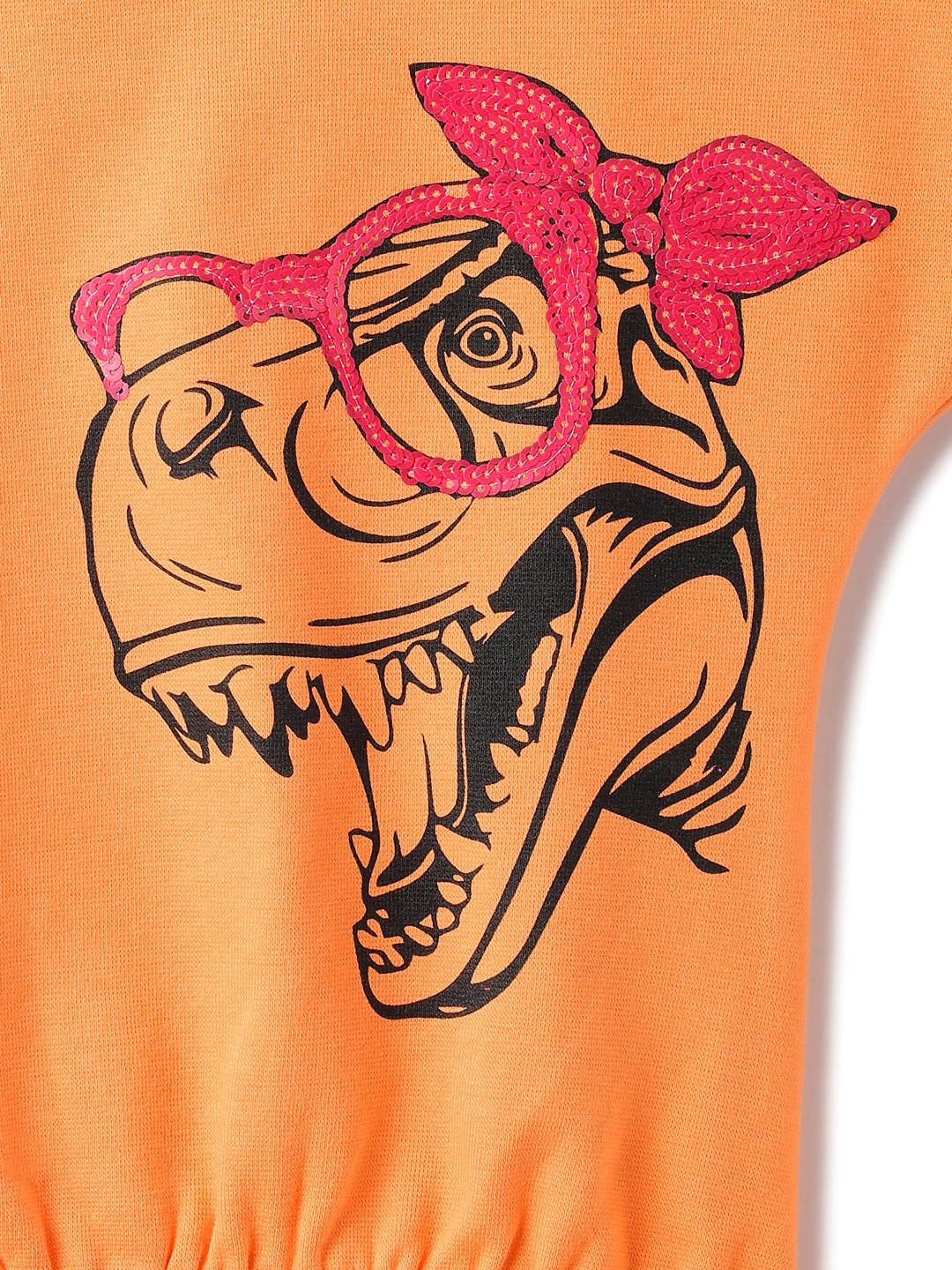 Girls Orange Printed Lycra Oversized Casual T-Shirt
