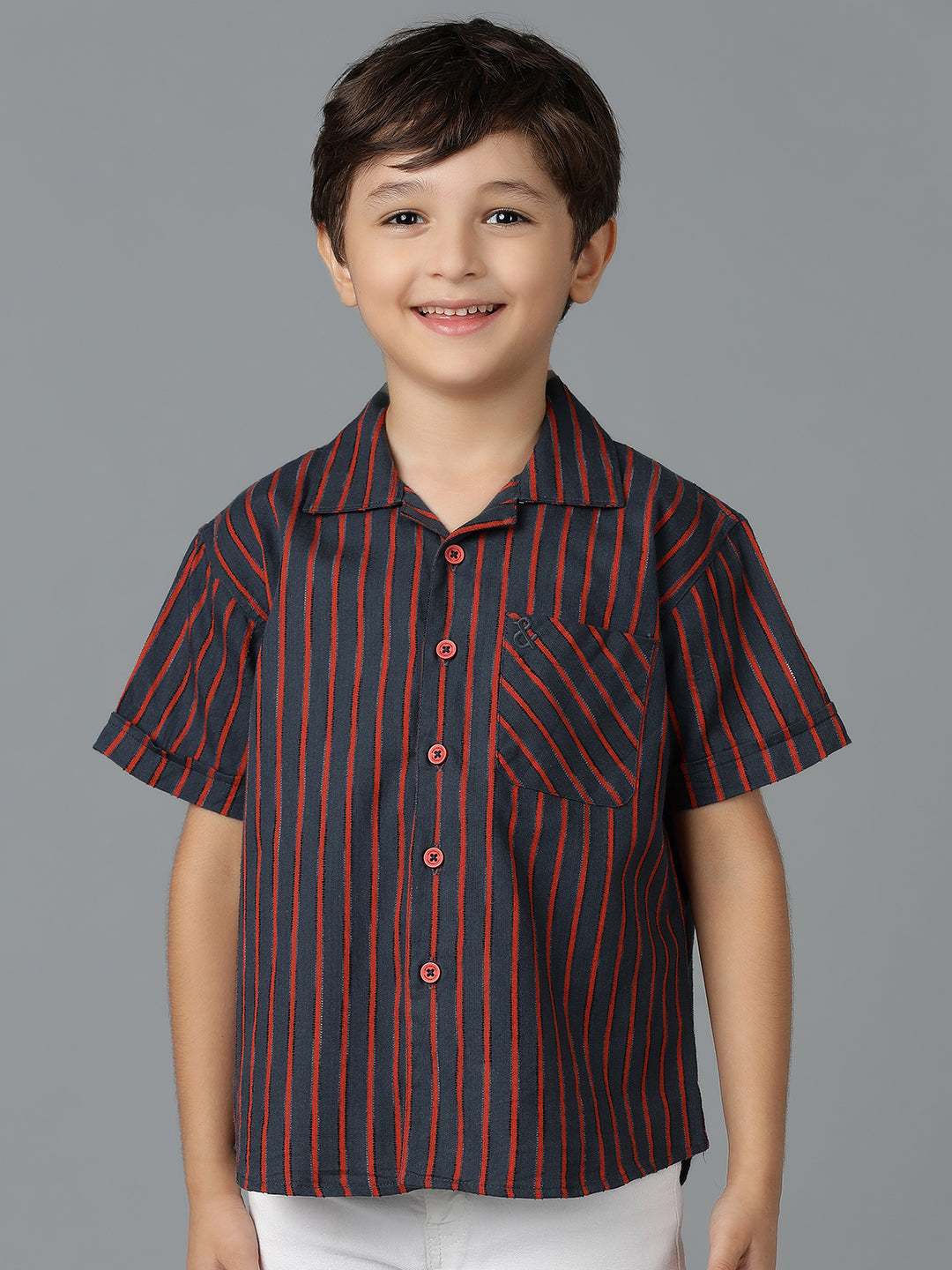 Boys Red & Black Striped Cotton Regular Fit Shirt