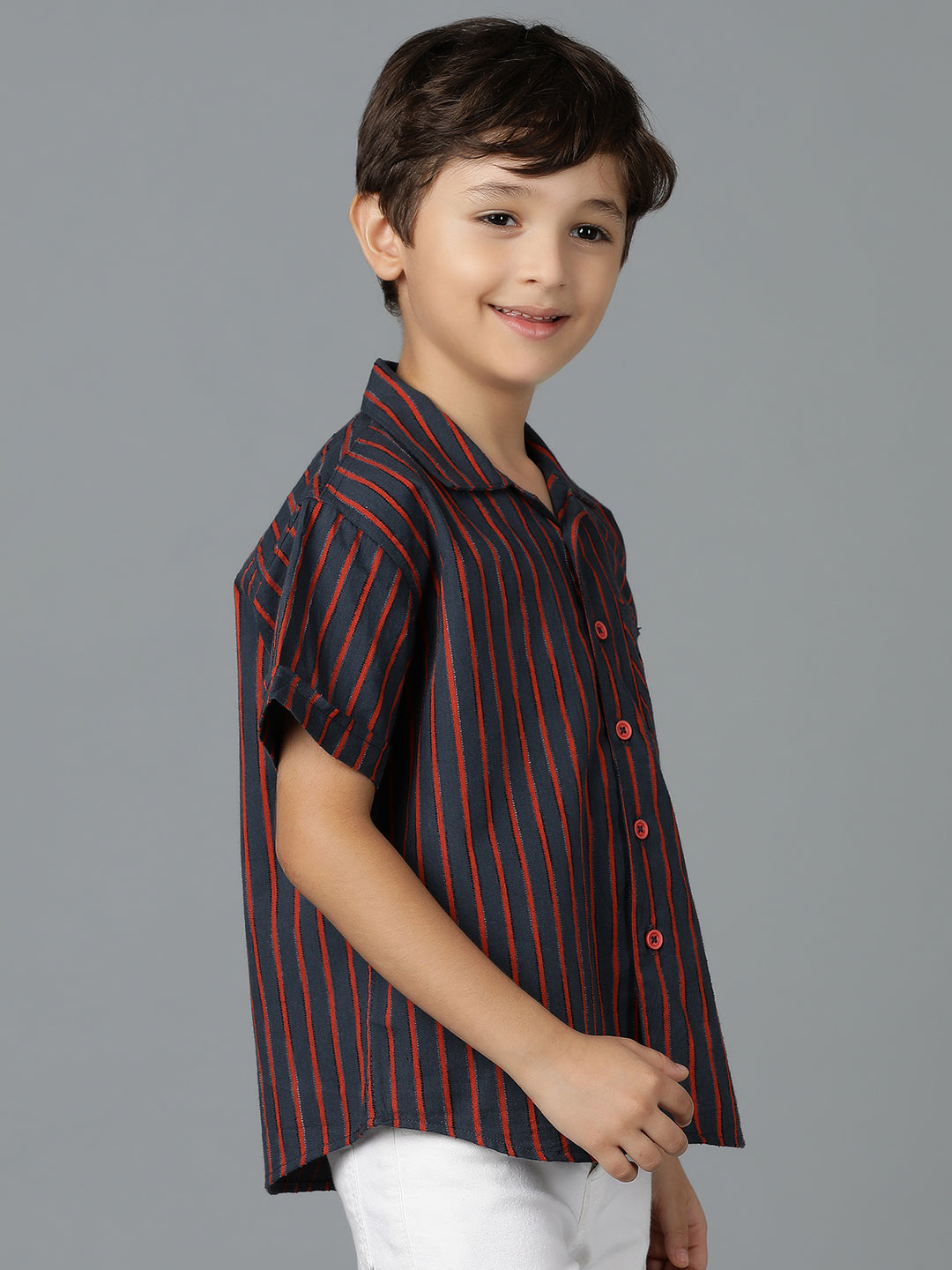 Boys Red & Black Striped Cotton Regular Fit Shirt