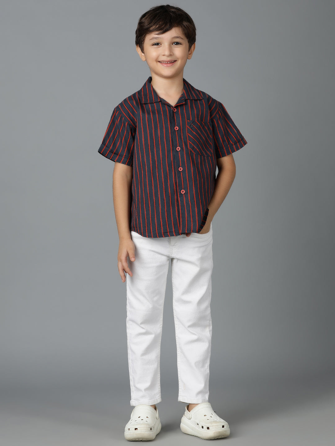 Boys Red & Black Striped Cotton Regular Fit Shirt