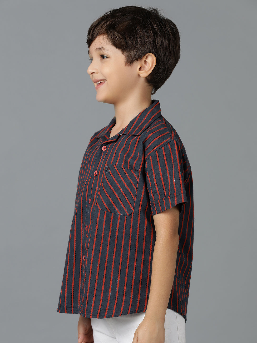 Boys Red & Black Striped Cotton Regular Fit Shirt