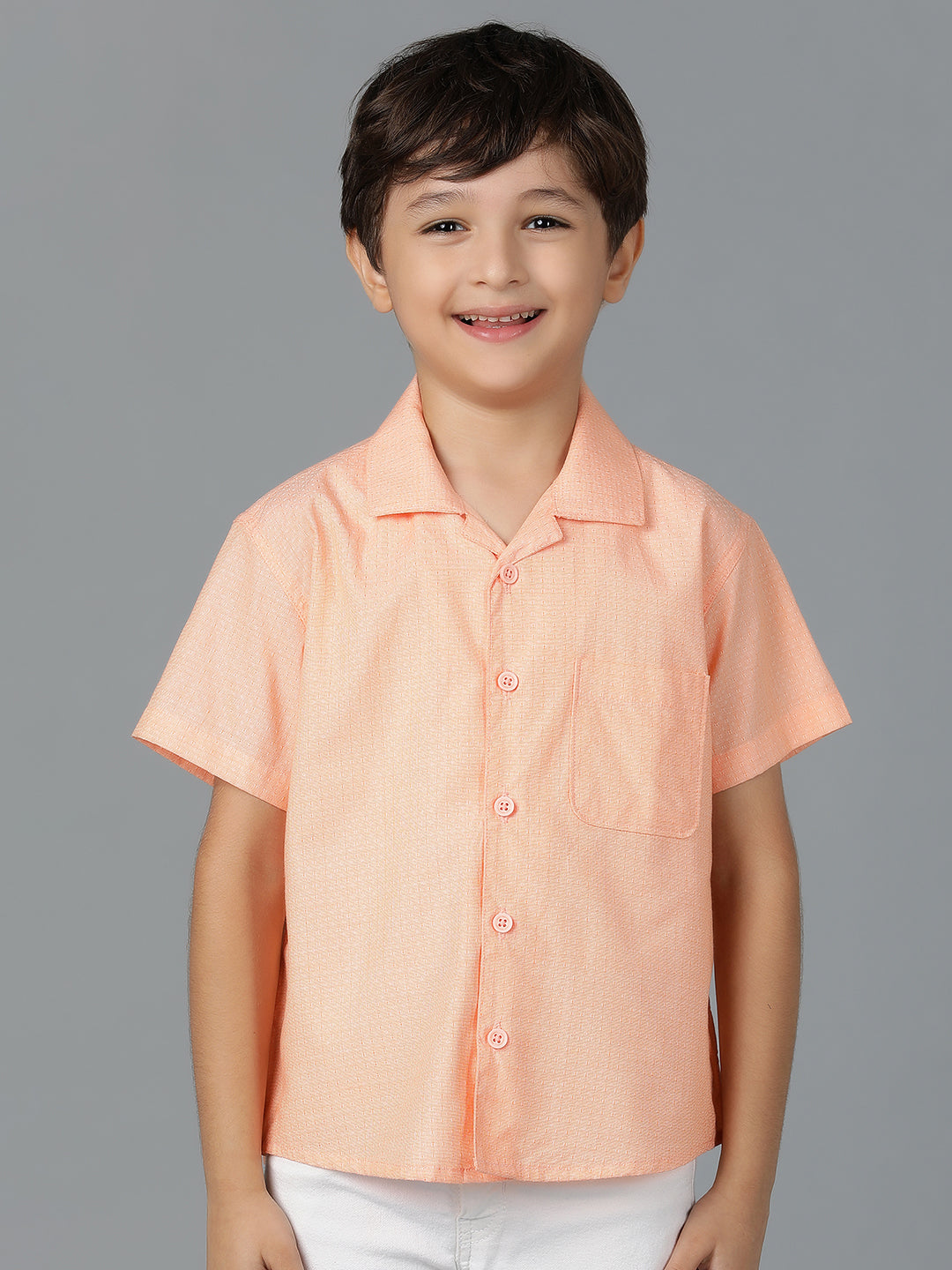 Boys Peach Printed Cotton Regular Fit Shirt