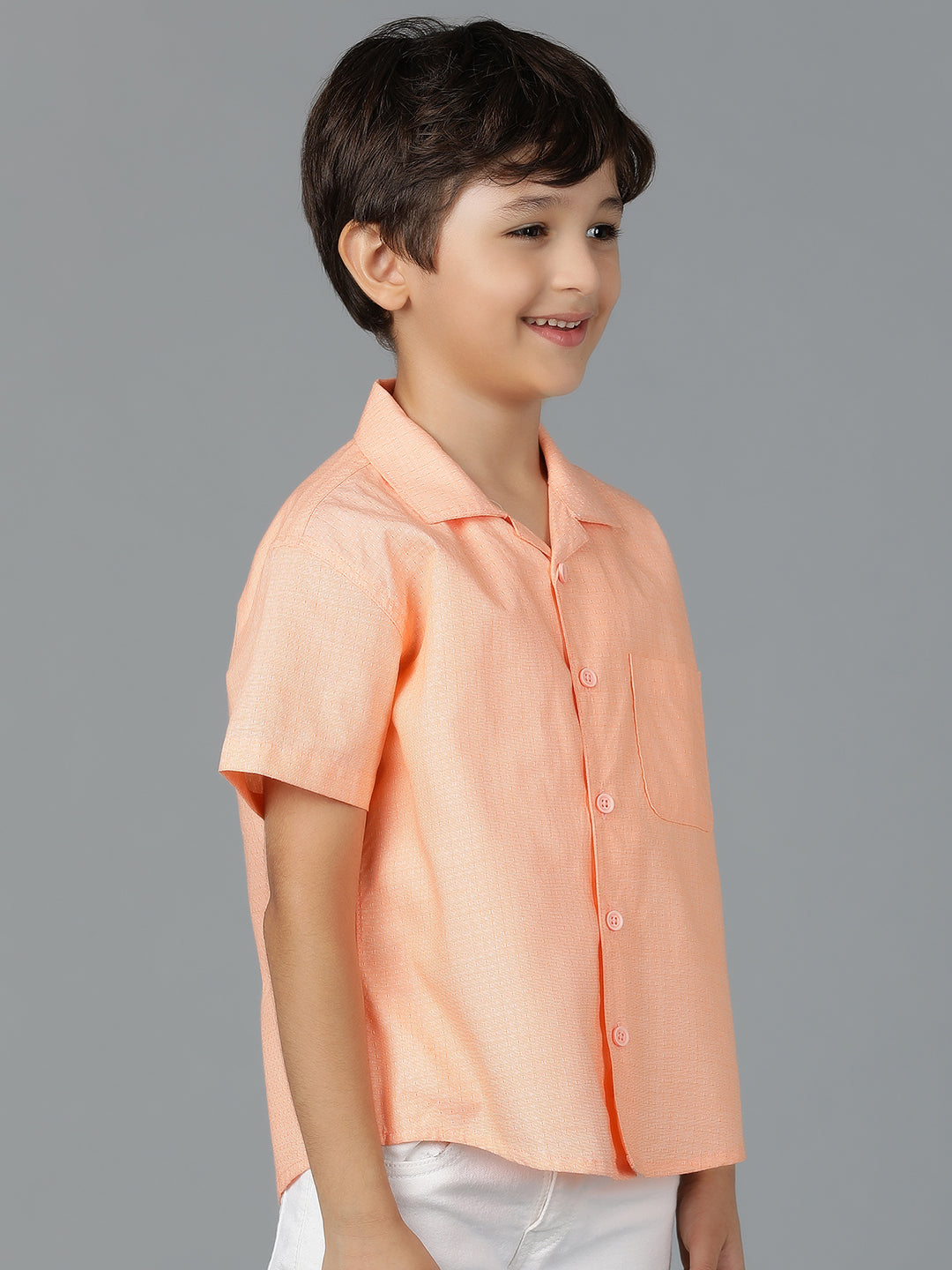 Boys Peach Printed Cotton Regular Fit Shirt