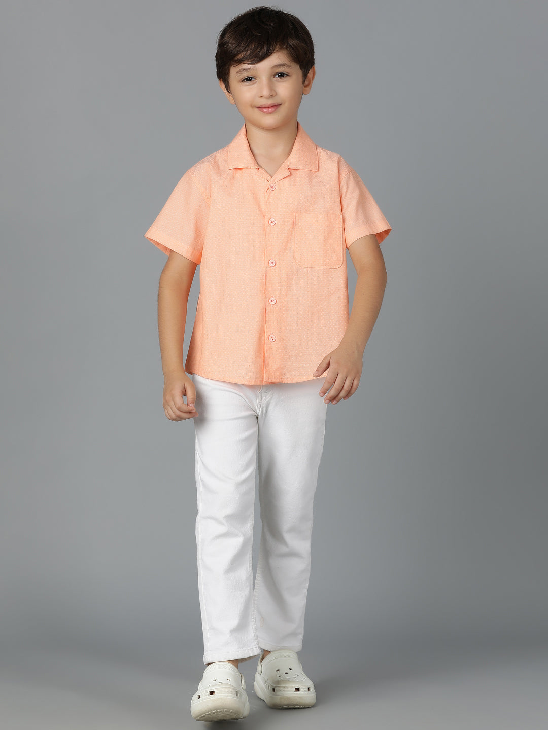 Boys Peach Printed Cotton Regular Fit Shirt