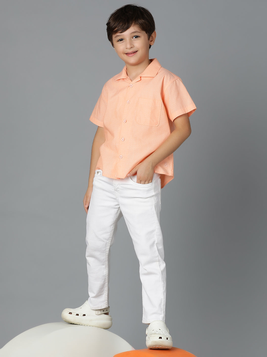 Boys Peach Printed Cotton Regular Fit Shirt