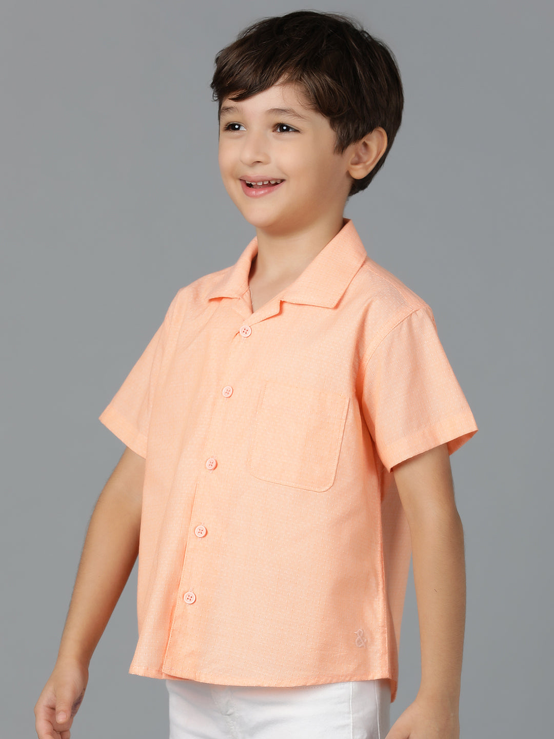 Boys Peach Printed Cotton Regular Fit Shirt