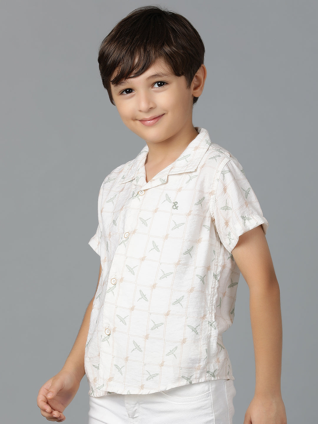 Boys Off White Printed Viscose Regular Fit Shirt