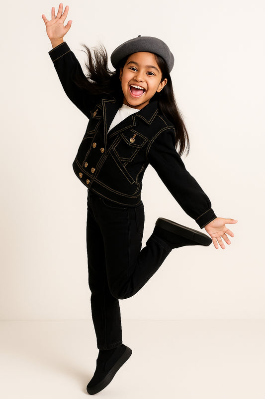 Girls Cotton Poly Casual Washed Black Jacket