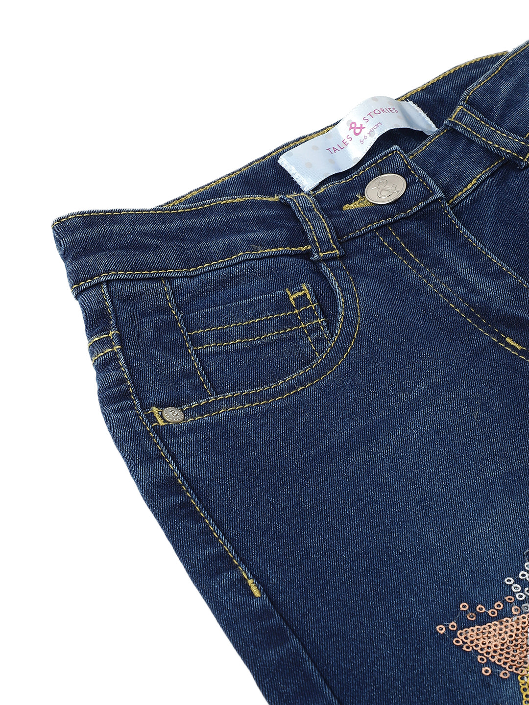 Girls Dark Blue Lycra Sequins Embroidery Slim Fit Jeans