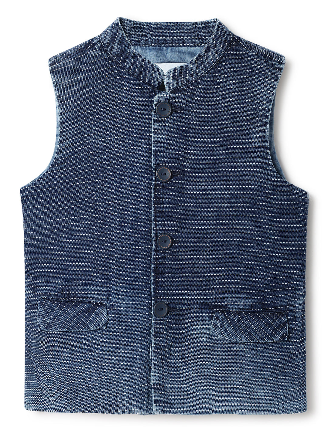 Boys Dark Blue Cotton Stripe Waist Coat