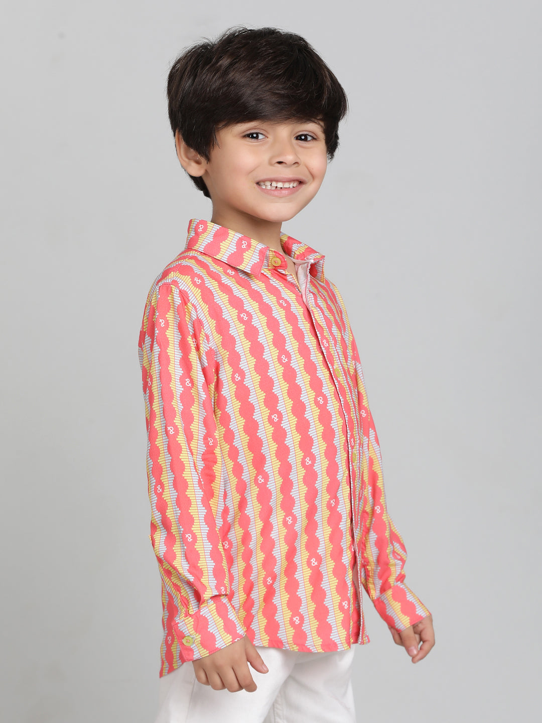 Boys Pink Viscose Casual Printed Full-Sleeve Shirt
