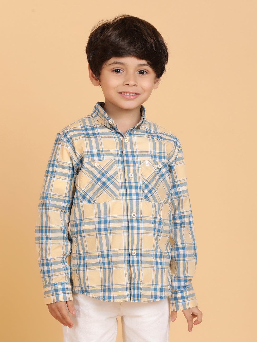 Boys Beige Casual Full Sleeve Checked Cotton Shirt