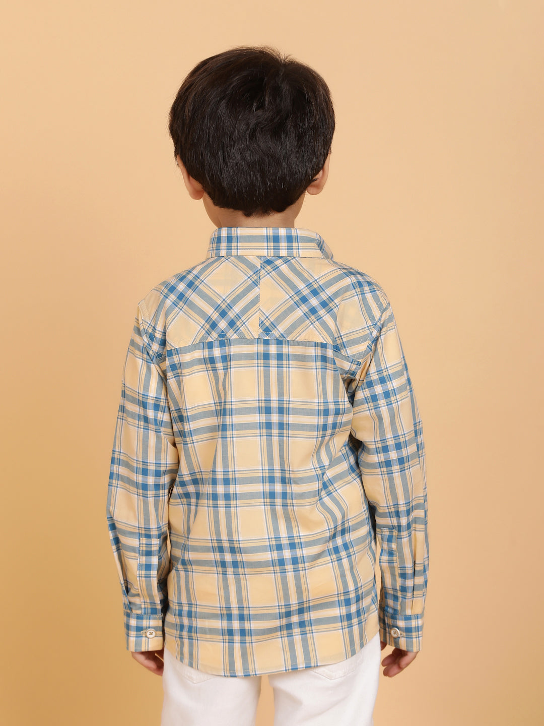 Boys Beige Casual Full Sleeve Checked Cotton Shirt