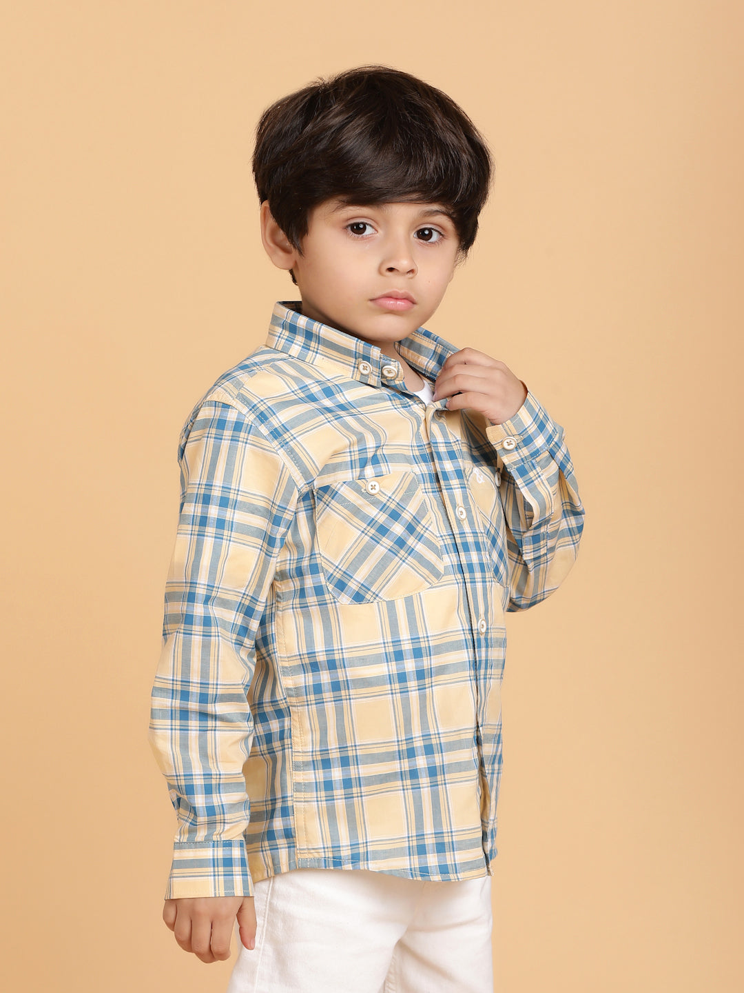 Boys Beige Casual Full Sleeve Checked Cotton Shirt
