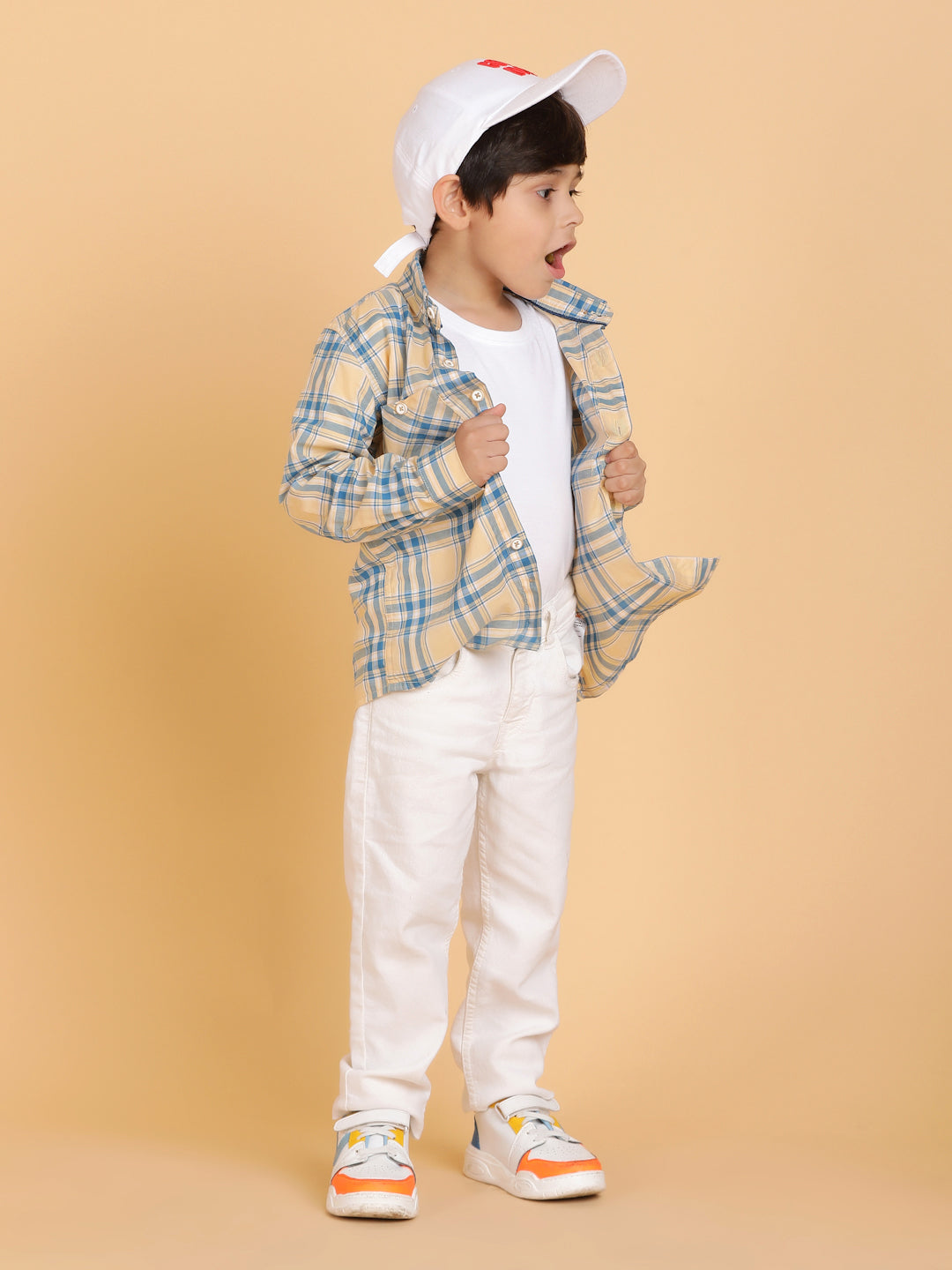 Boys Beige Casual Full Sleeve Checked Cotton Shirt