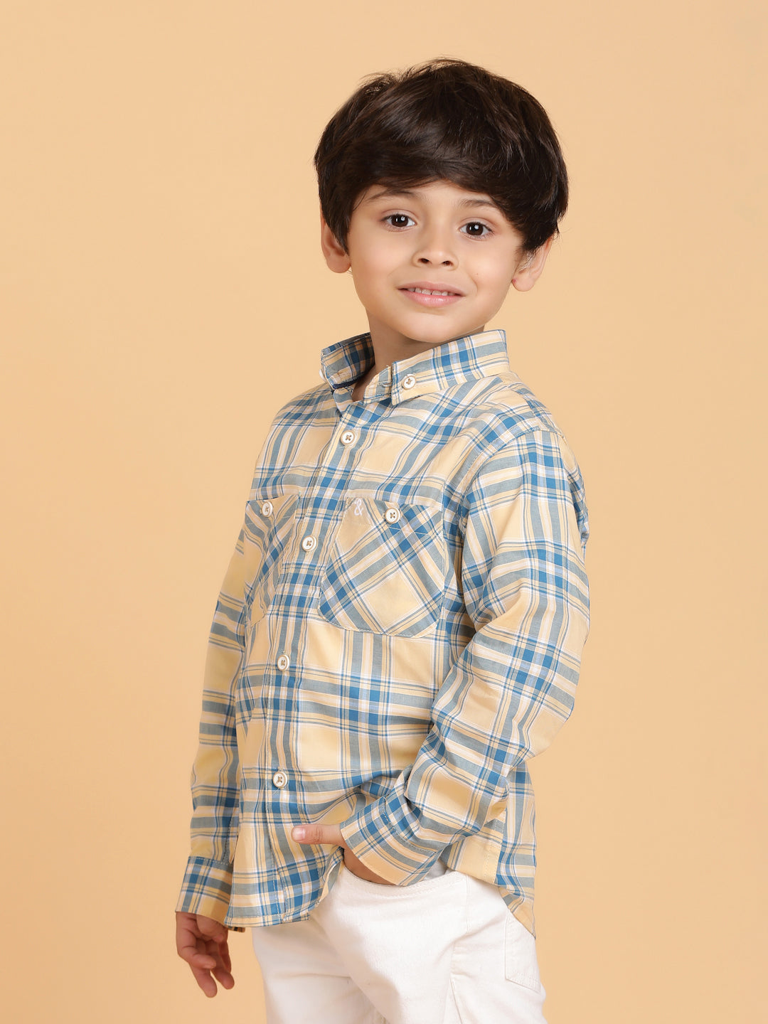 Boys Beige Casual Full Sleeve Checked Cotton Shirt