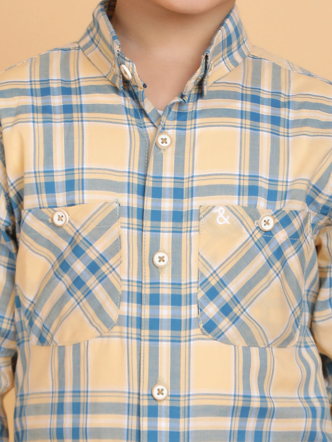 Boys Beige Casual Full Sleeve Checked Cotton Shirt