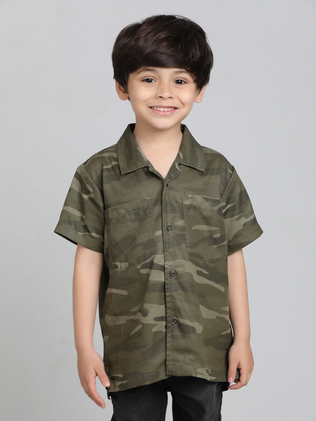 Boys Olive Cotton Half Sleeve Camouflage Print Shirt
