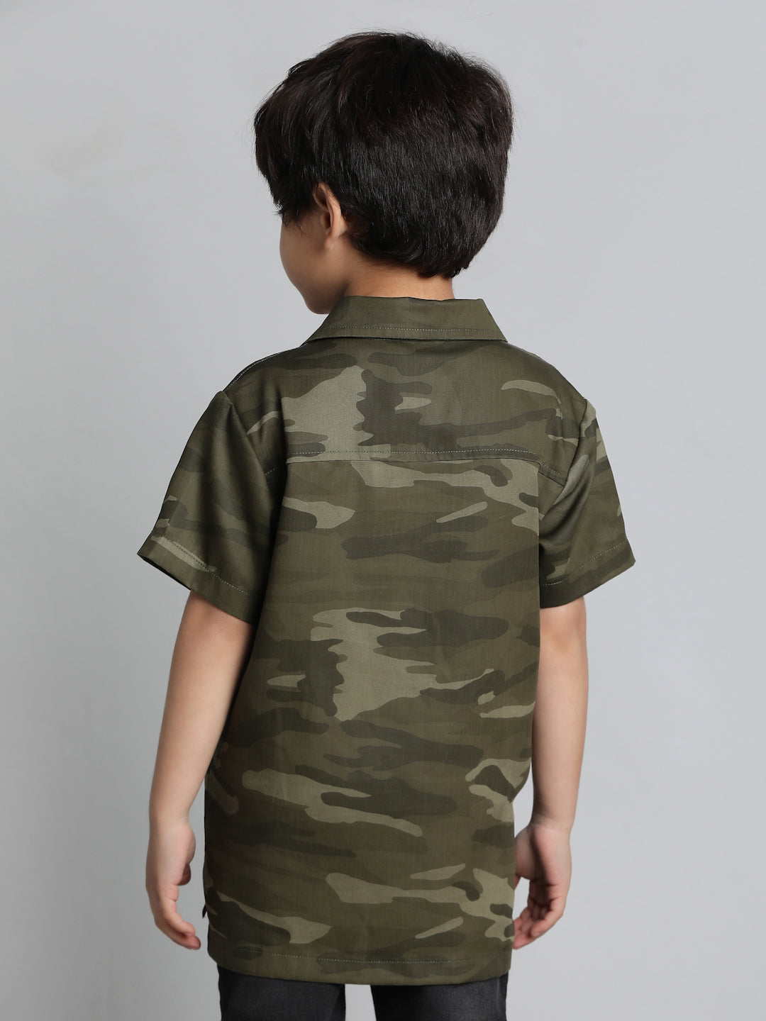 Boys Olive Cotton Half Sleeve Camouflage Print Shirt