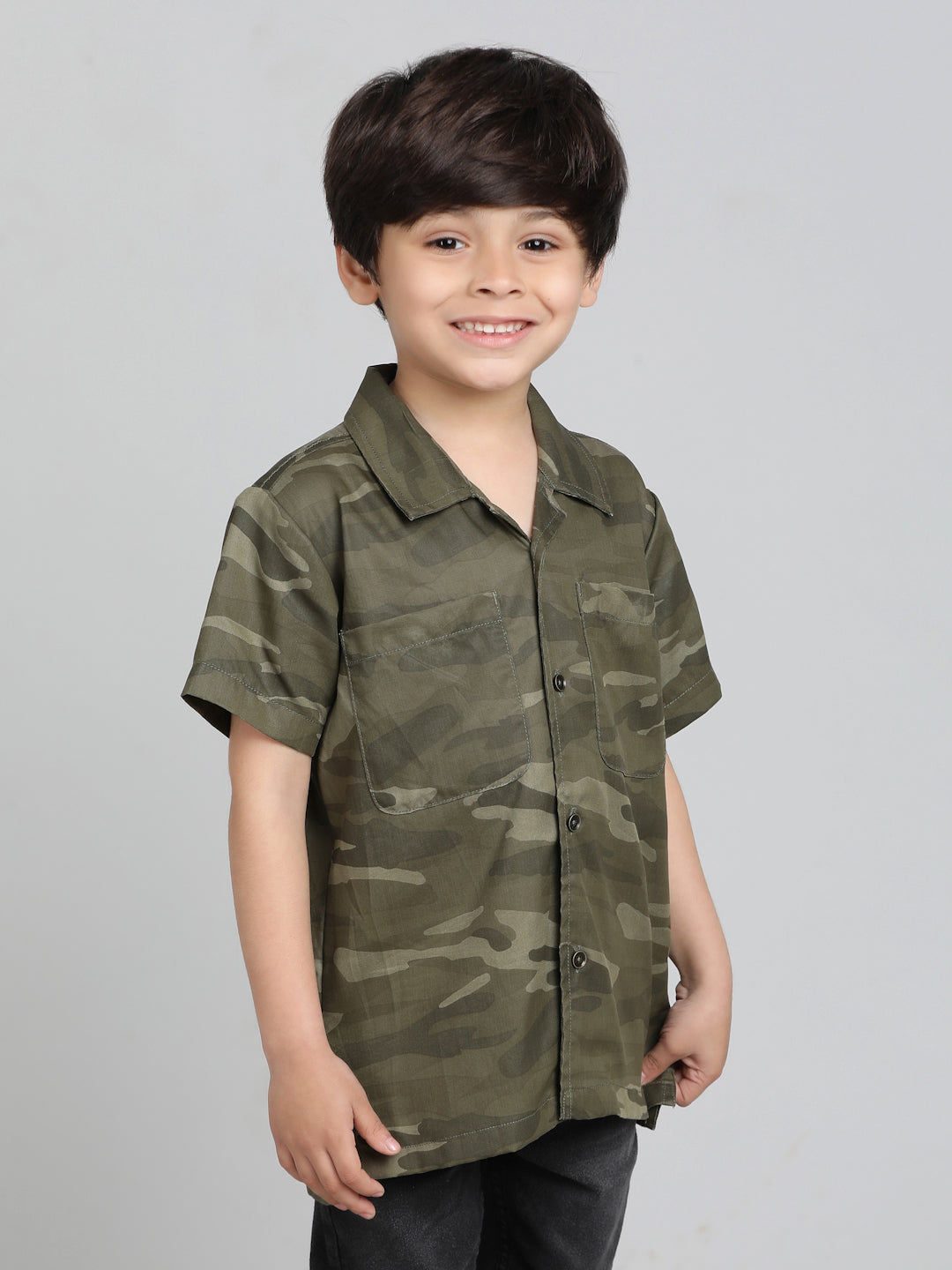 Boys Olive Cotton Half Sleeve Camouflage Print Shirt