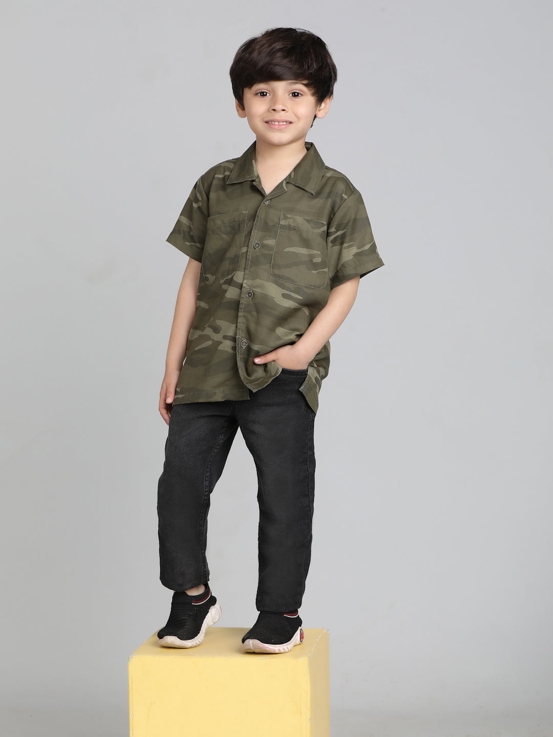 Boys Olive Cotton Half Sleeve Camouflage Print Shirt
