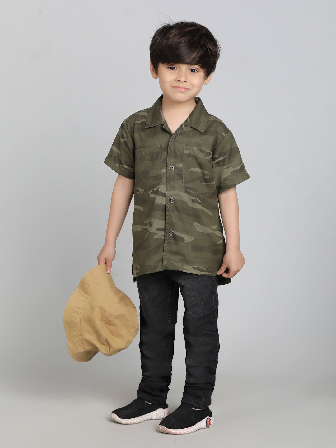 Boys Olive Cotton Half Sleeve Camouflage Print Shirt
