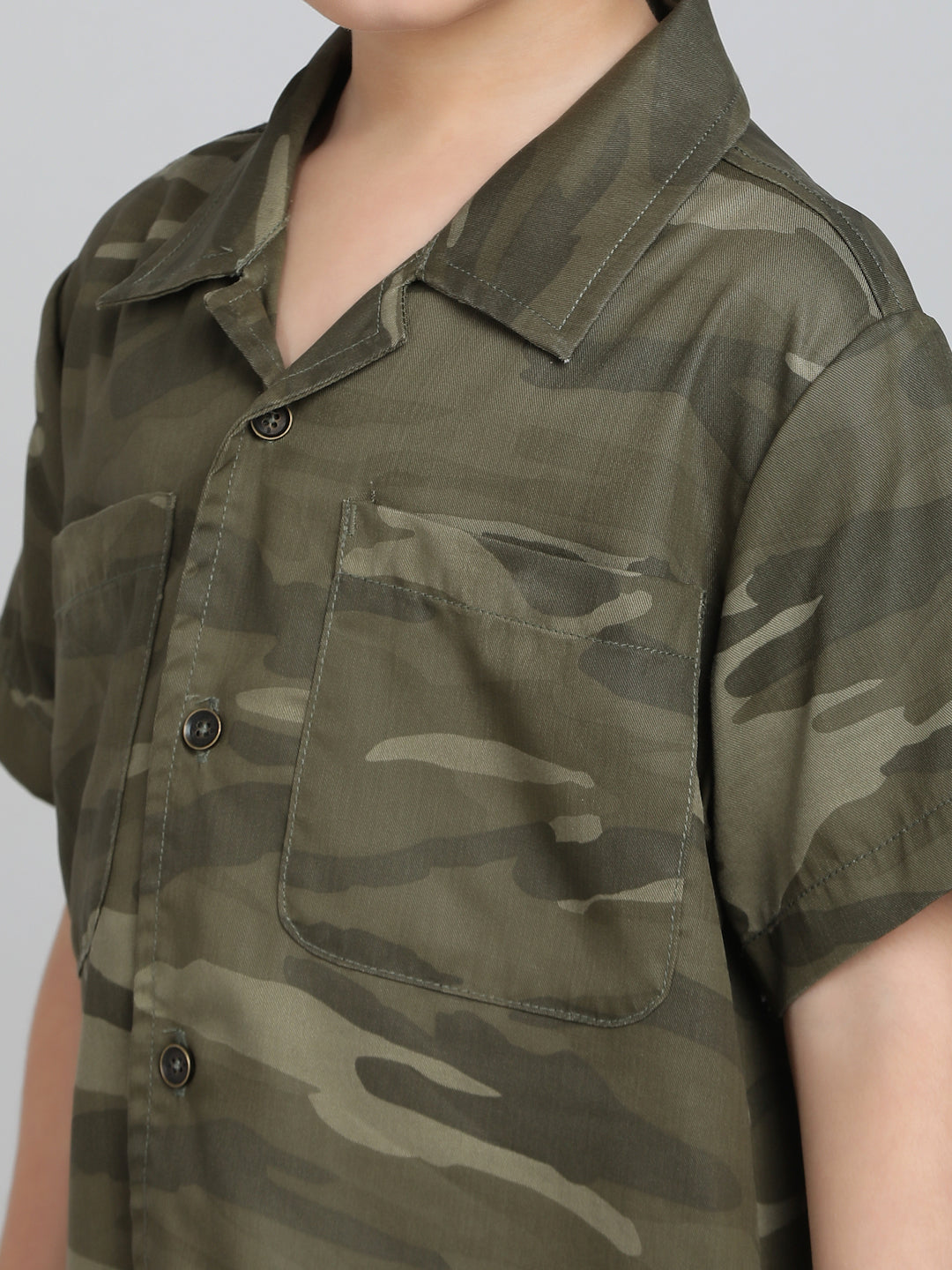 Boys Olive Cotton Half Sleeve Camouflage Print Shirt