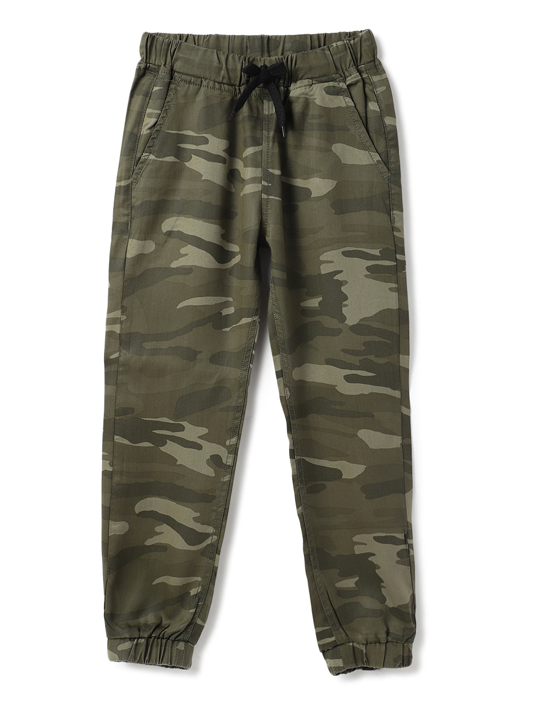 Boys Olive Cotton Print Slim Fit Jogger