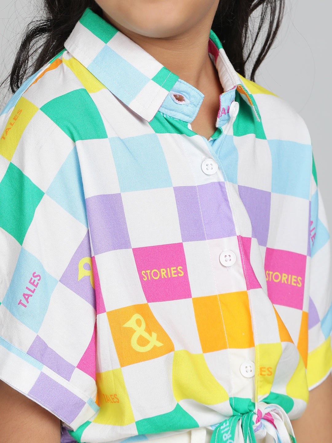 Girls Multi Color Checkered Crop Spread Collar Half Sleeve Shirt