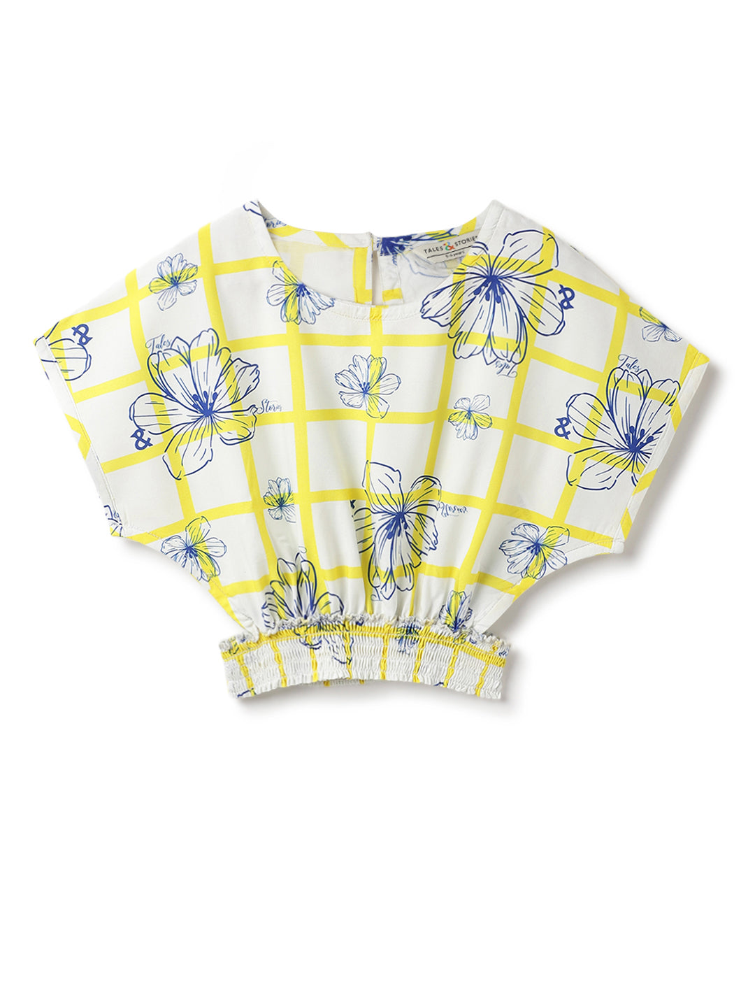 Girls Yellow Viscose Floral Checks Printed Top