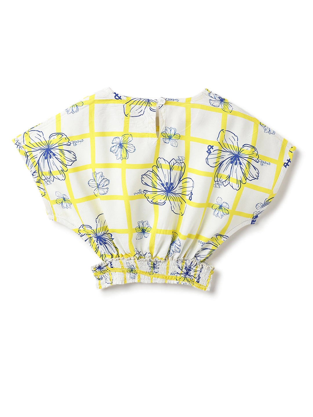 Girls Yellow Viscose Floral Checks Printed Top
