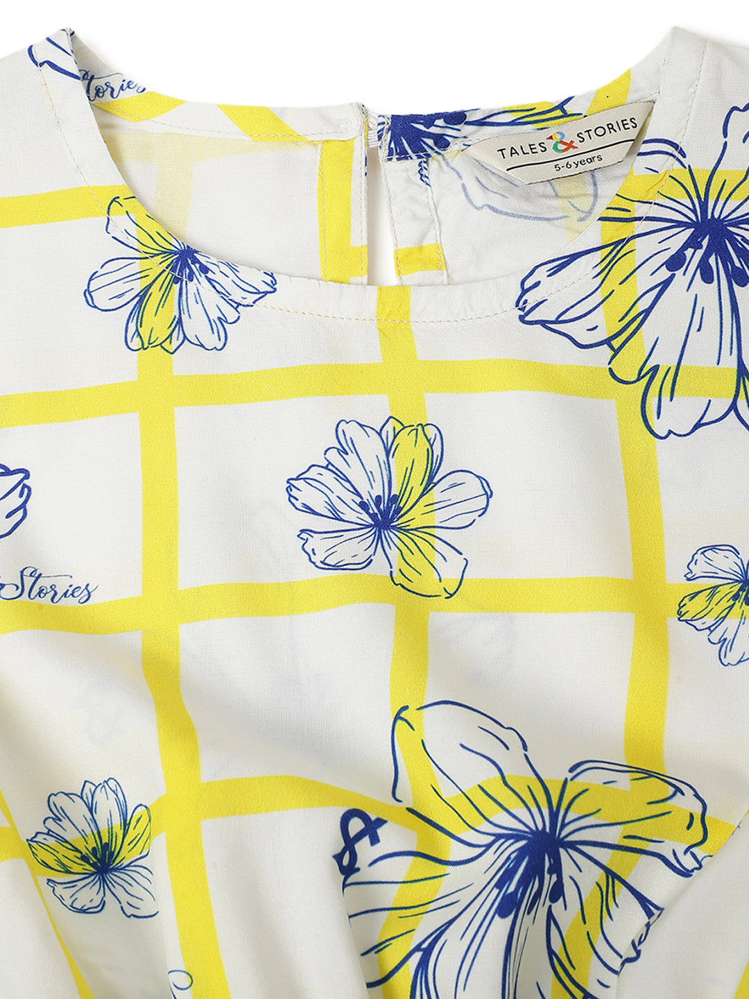 Girls Yellow Viscose Floral Checks Printed Top