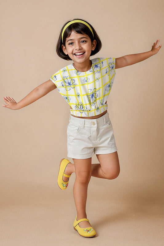 Girls Yellow Viscose Floral Checks Printed Top