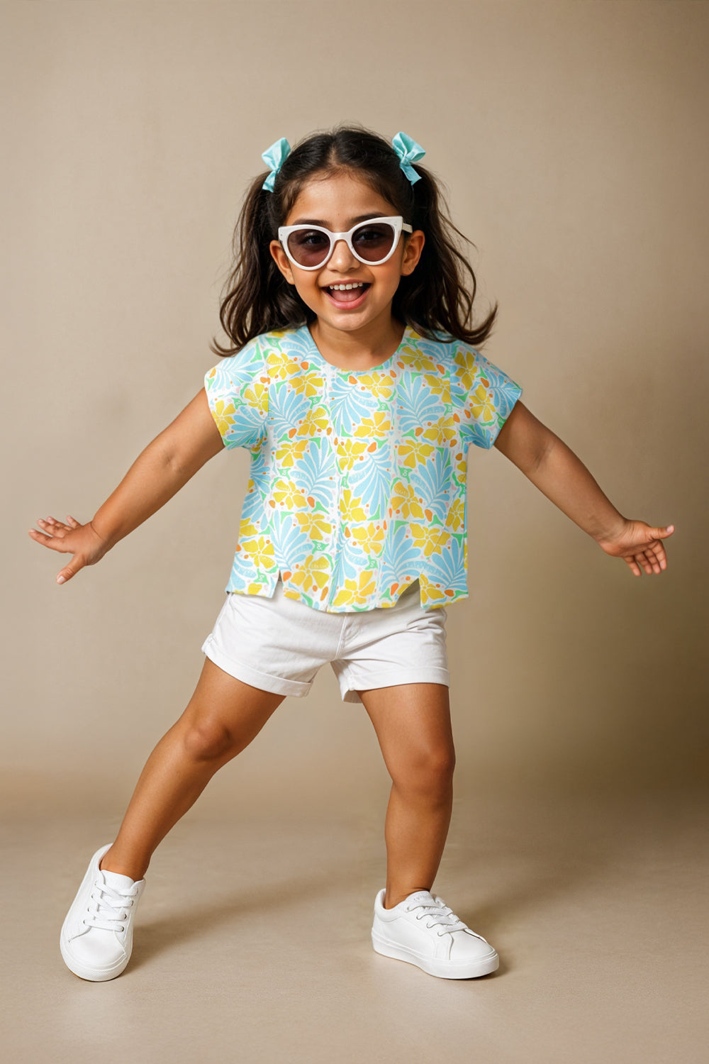 Girls Sky Blue Viscose Floral Top