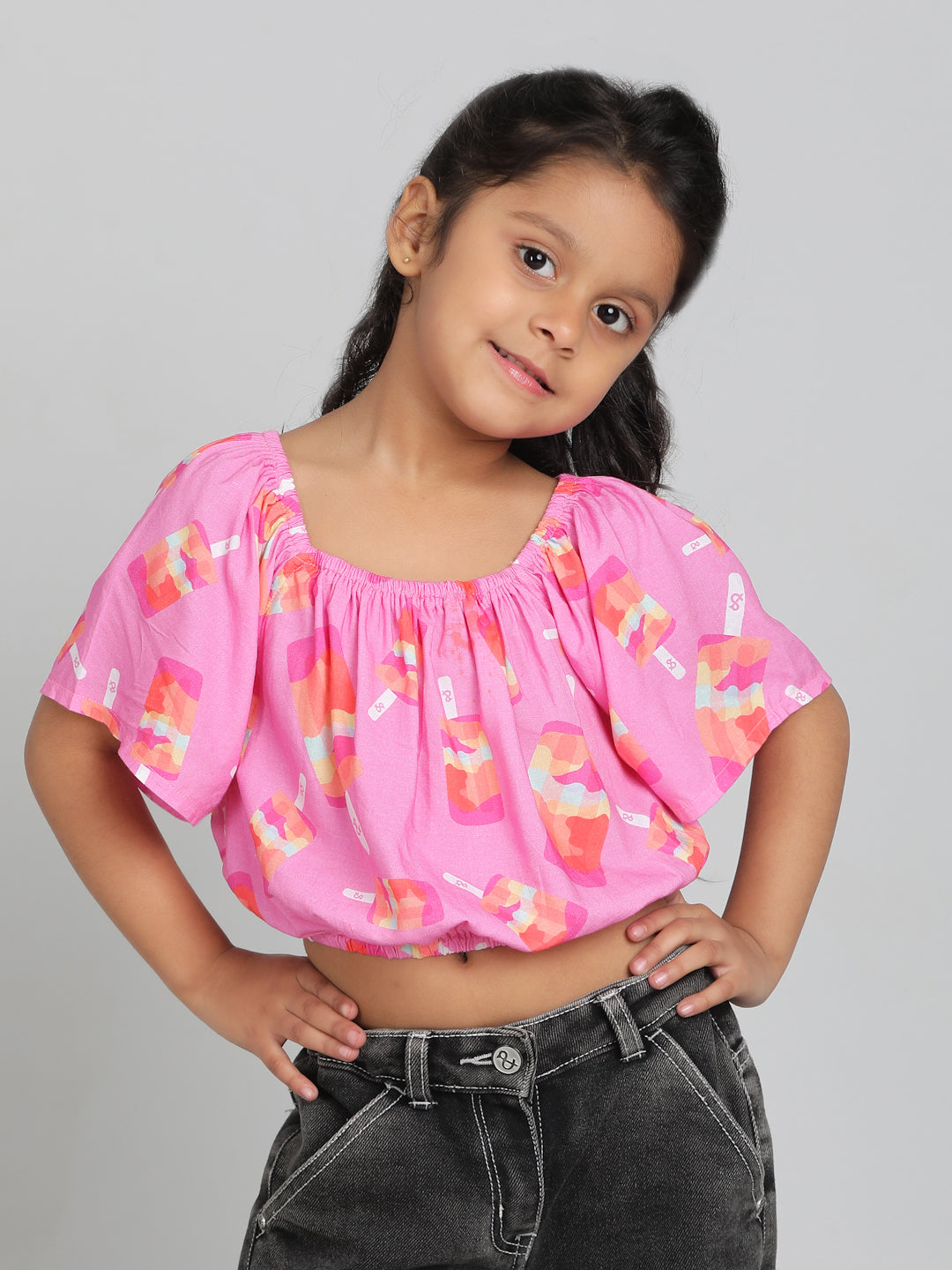 Girls Pink Printed Half Sleeve Round Neck Soft Viscose Crop Top