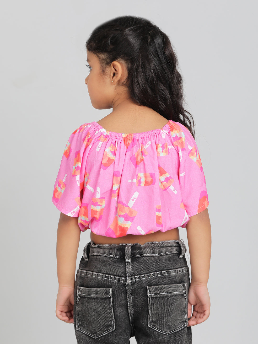 Girls Pink Printed Half Sleeve Round Neck Soft Viscose Crop Top