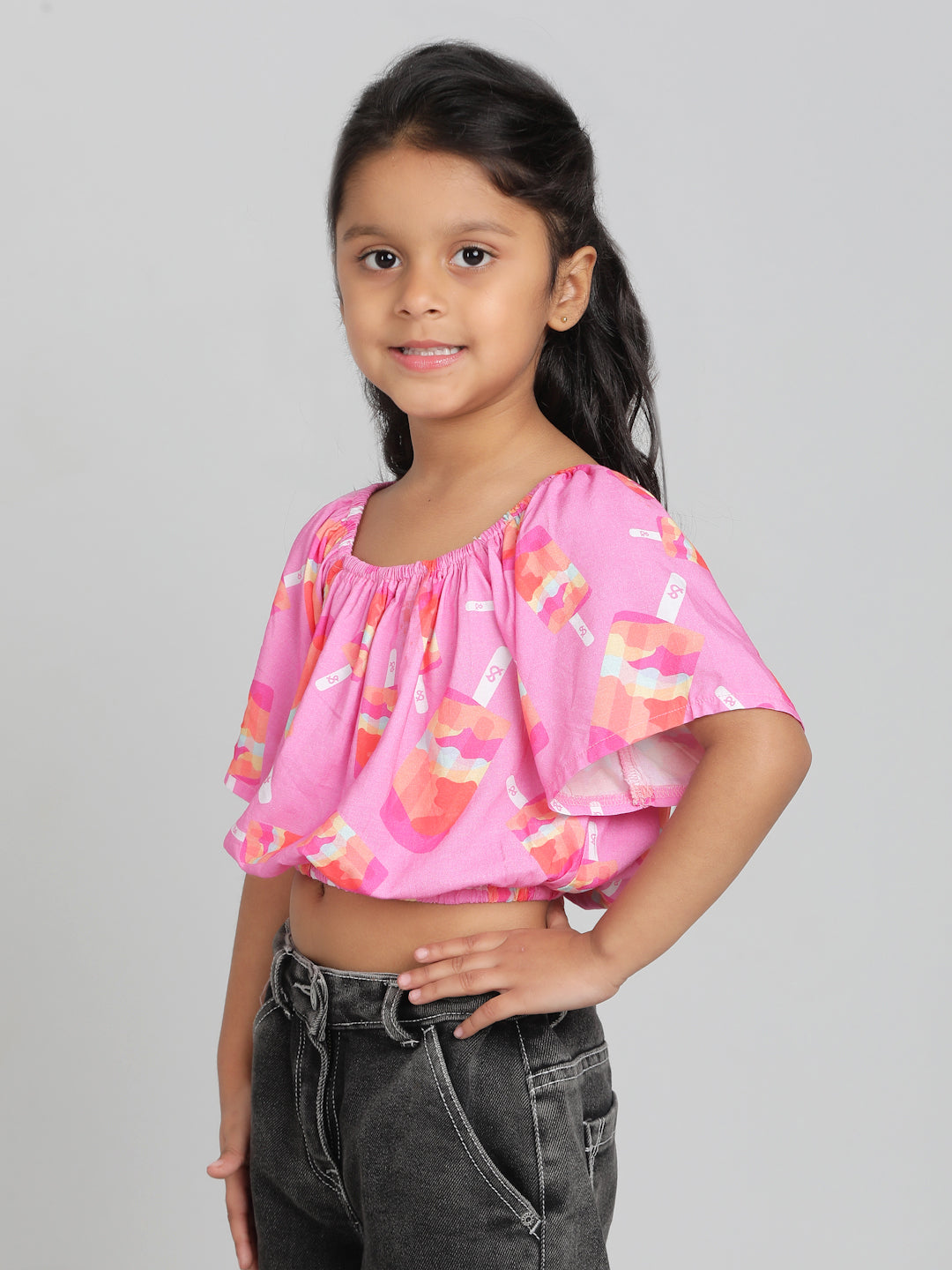 Girls Pink Printed Half Sleeve Round Neck Soft Viscose Crop Top