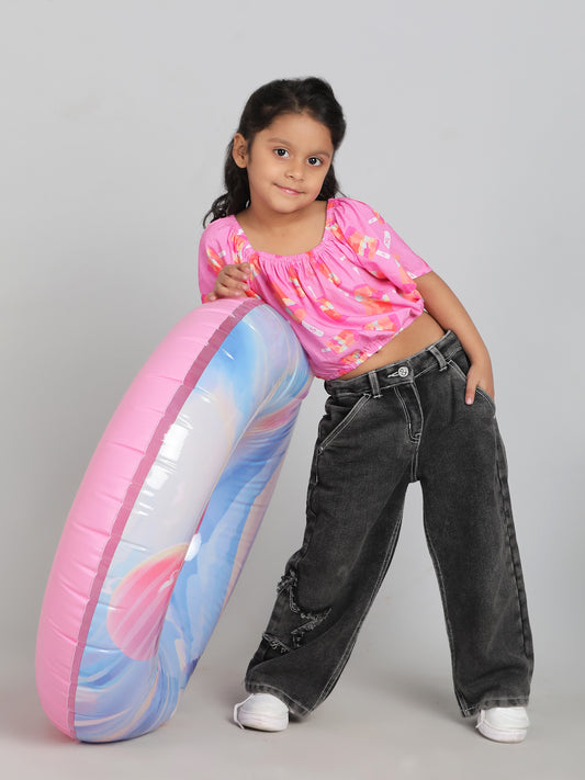 Girls Pink Printed Half Sleeve Round Neck Soft Viscose Crop Top