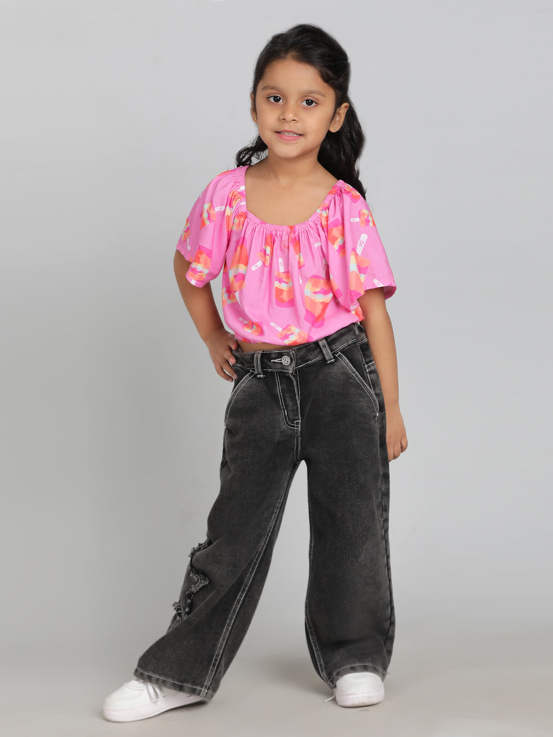 Girls Pink Printed Half Sleeve Round Neck Soft Viscose Crop Top