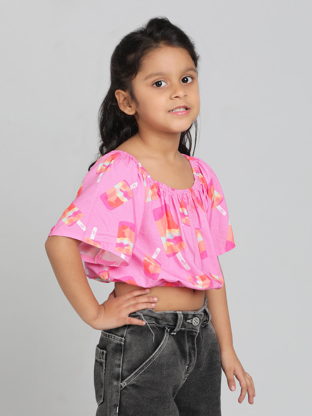 Girls Pink Printed Half Sleeve Round Neck Soft Viscose Crop Top