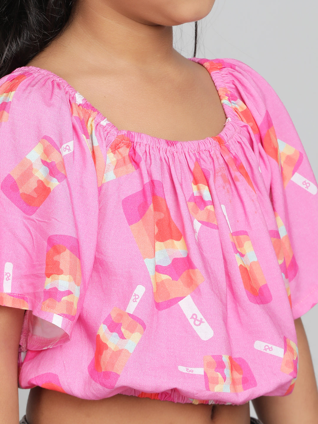 Girls Pink Printed Half Sleeve Round Neck Soft Viscose Crop Top