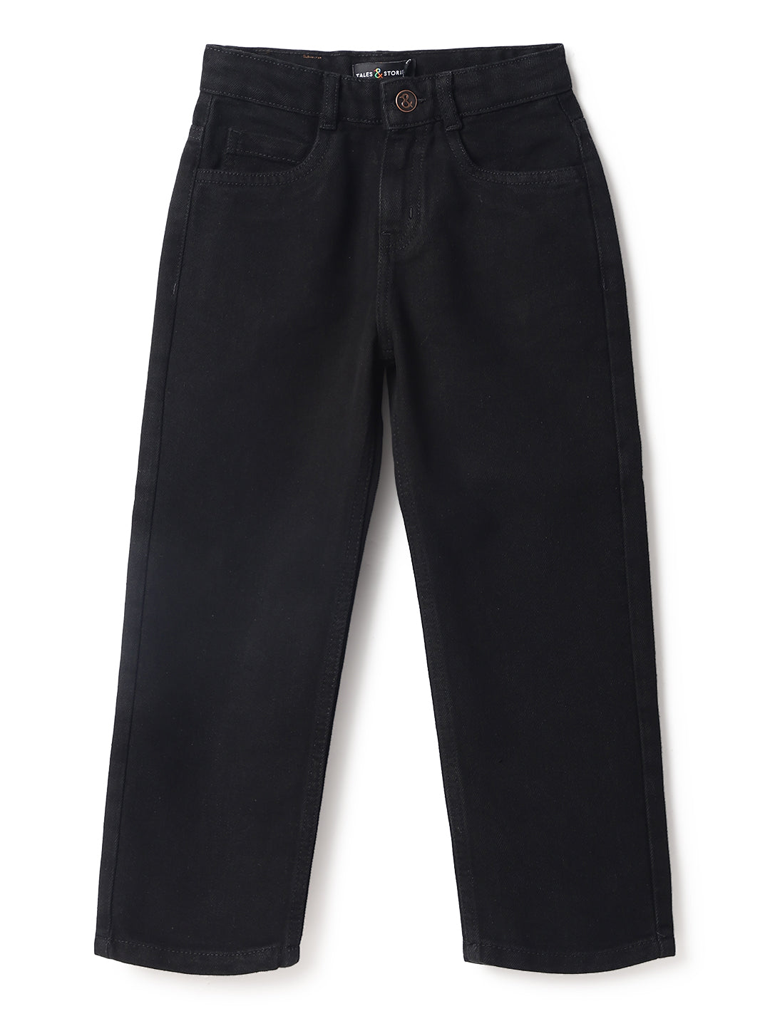 Boys Black Cotton Poly Washed Baggy Fit Jeans