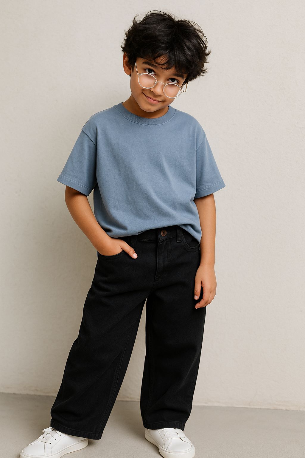 Boys Black Cotton Poly Washed Baggy Fit Jeans