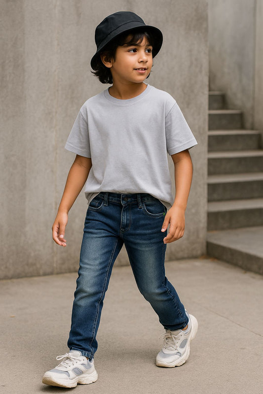 Boys Lycra Denim Blue Washed Slim Fit Jeans