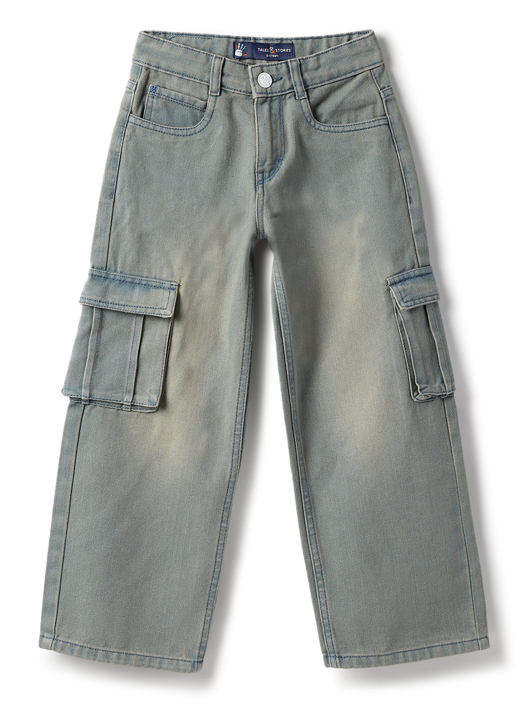 Boys & Girls Cotton Poly Washed Denim Green Dad Fit Jeans
