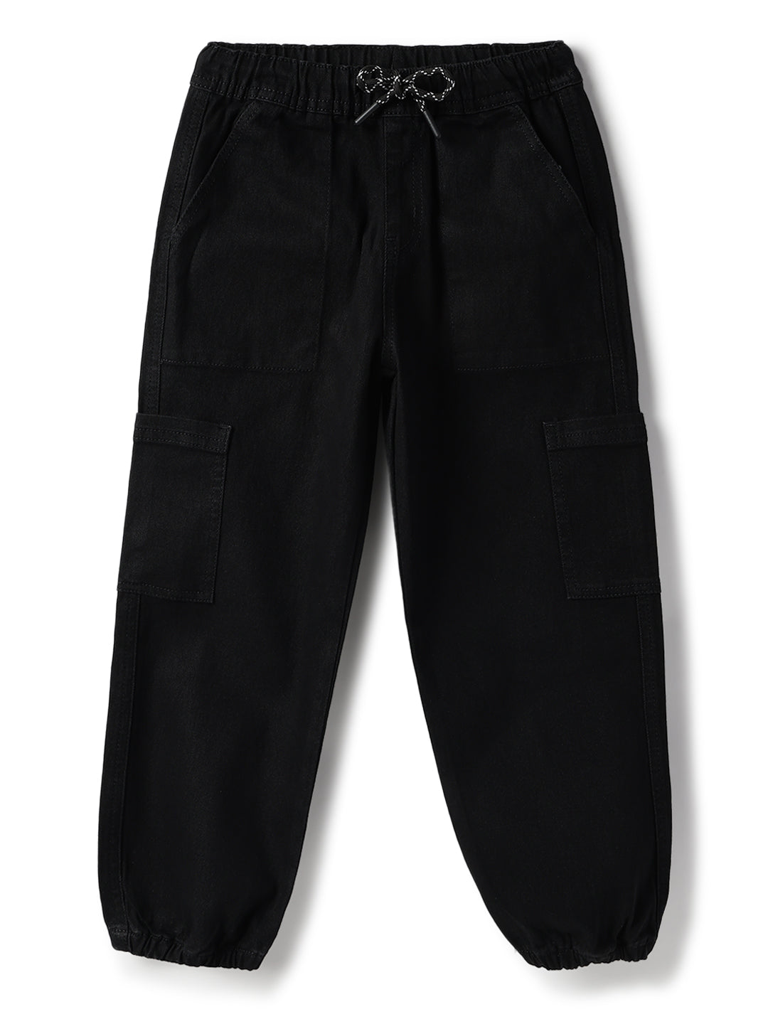 Boys Lycra Washed Black Baggy Fit Joggers