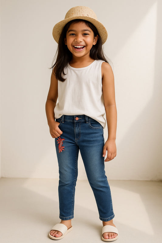 Girls Lycra Embroidered Stretchable Skinny Fit Blue Jeans
