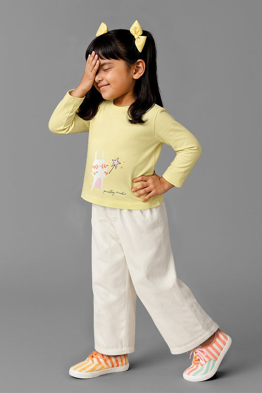 Girls Yellow Cotton Printed T-Shirt