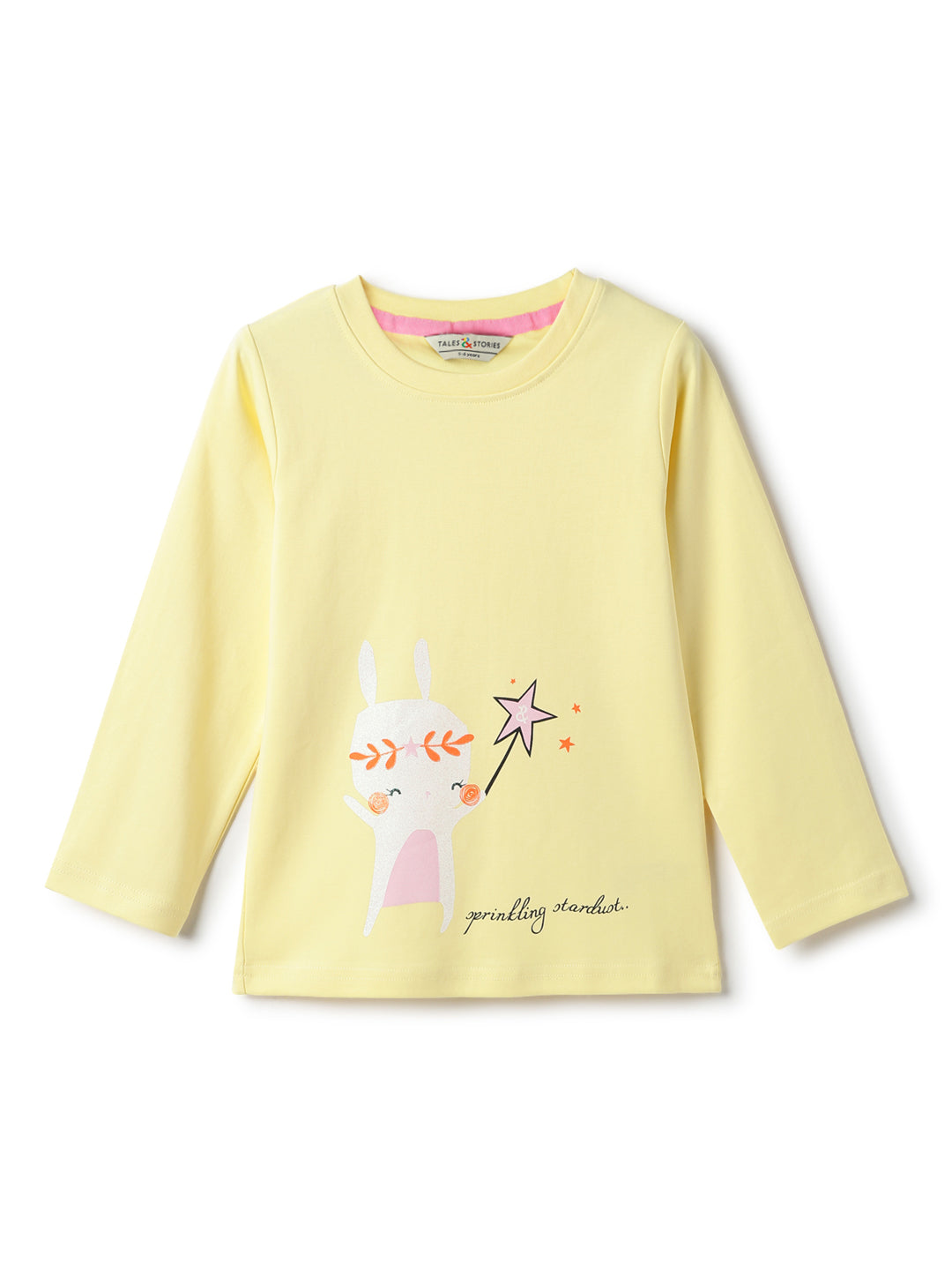 Girls Yellow Cotton Printed T-Shirt